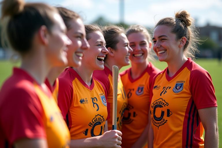 Foireann camógaíochta ag seasamh le chéile le gáire