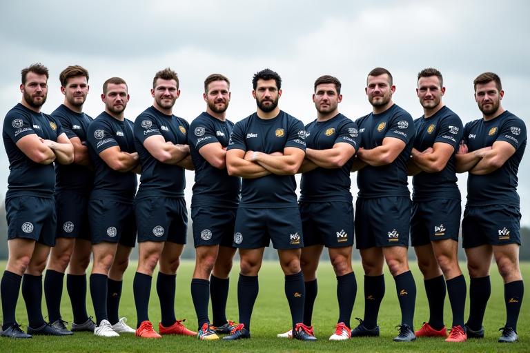 Foireann rugbaí ag seasamh go bródúil ina bhfeisteáin shaincheaptha ó Celtic Sports Gear
